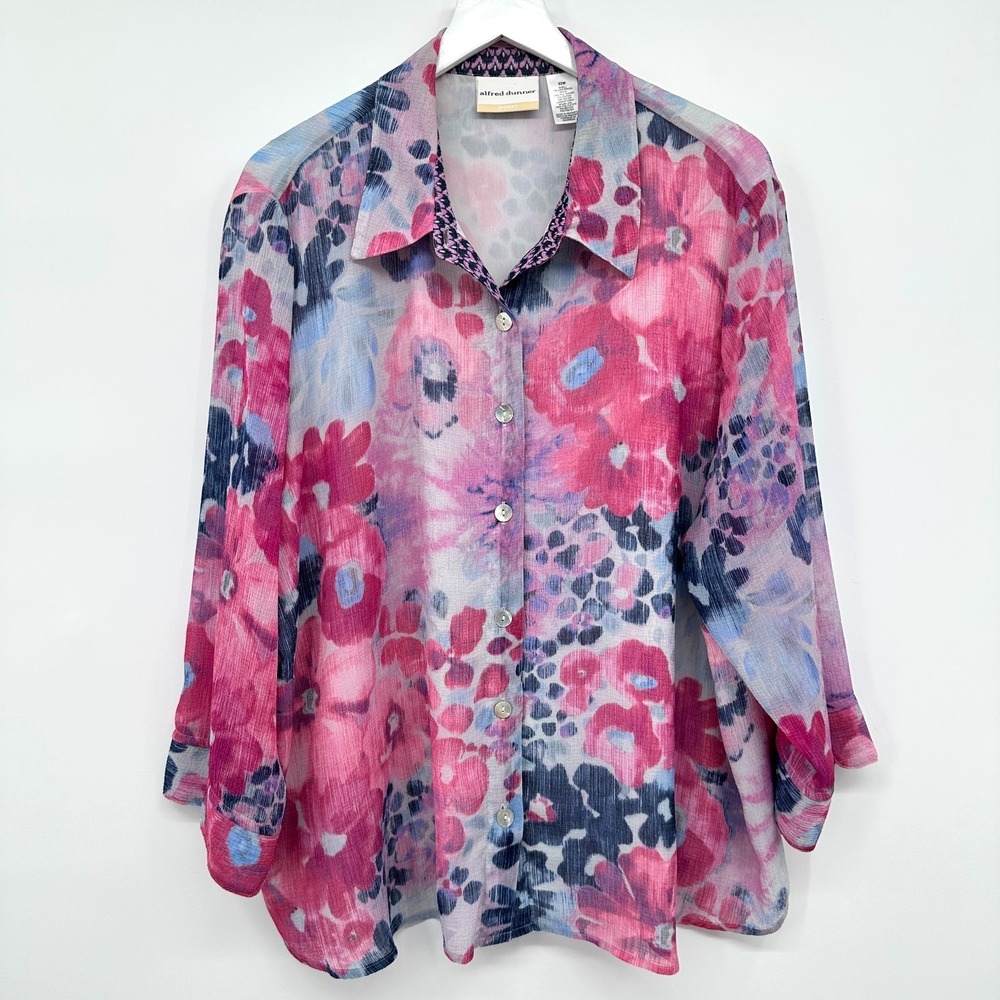 Alfred Dunner Top Shirt Blouse Size 22W Chiffon 3/4 Sleeves Floral Coquette Boho